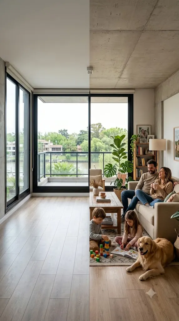 El mismo departamento en Tigre dividido en dos mitades: a la izquierda vacío, con el piso desnudo; a la derecha habitado por una familia con sillón, chicos jugando y un perro