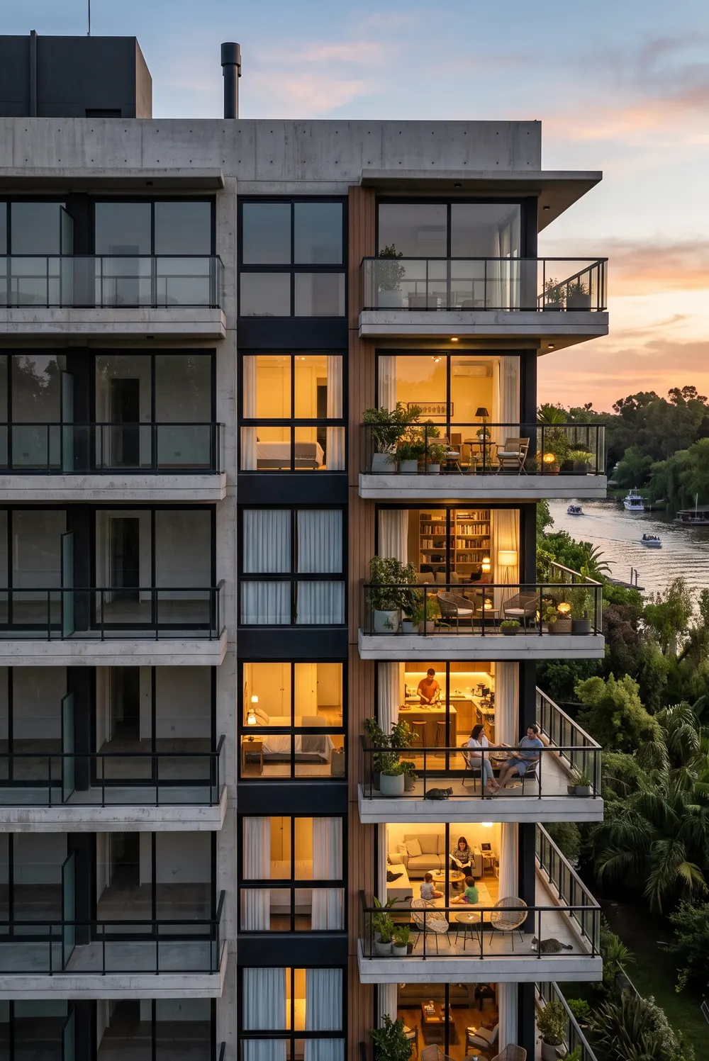 Edificio residencial frente al río en Tigre, Buenos Aires, al atardecer: la mitad izquierda con departamentos vacíos y a oscuras, la mitad derecha con las viviendas iluminadas y habitadas