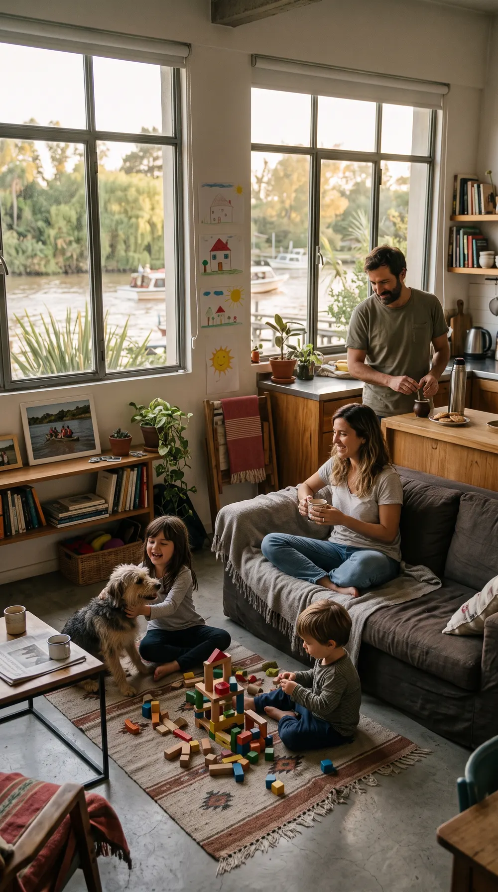 Familia viviendo en un departamento en Tigre: los chicos juegan con bloques en la alfombra junto al perro, la madre toma mate en el sillón y el padre prepara algo en la cocina, con el río y las lanchas visibles por la ventana
